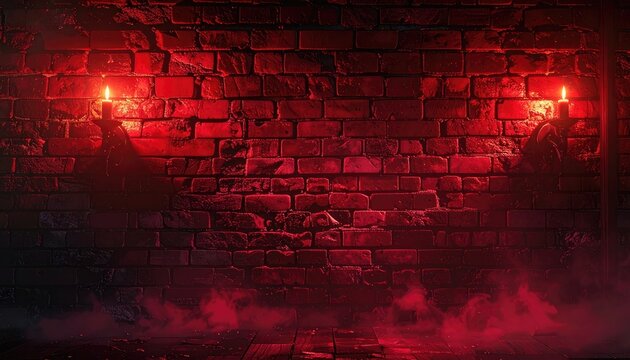 A dimly lit brick wall with two candles and red smoke.