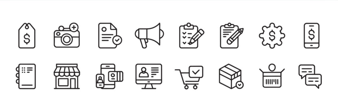 Collection of linear e-commerce and business icons for professional web development