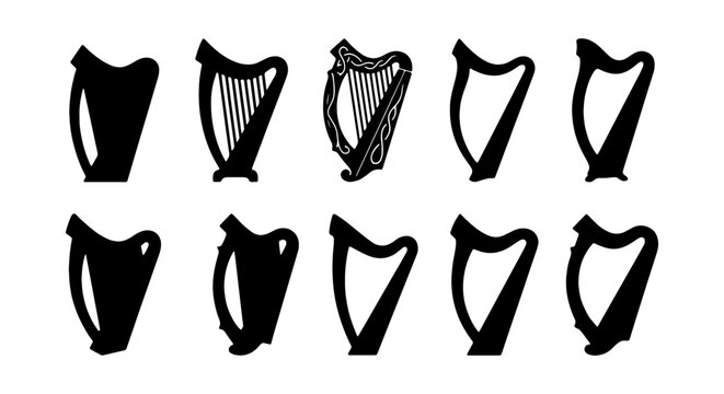 Irish Harp Icons, Celtic Music Symbols, Traditional String Instrument Silhouettes, Vector Set