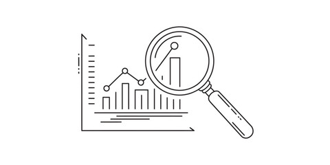 Minimalist line art of a magnifying glass examining a financial business bar chart © mkpn