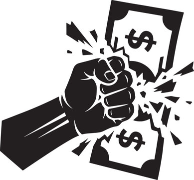 Fist crushing and tearing dollar bill icon for financial crisis, economic collapse, anti-greed protest, and debt destruction concepts