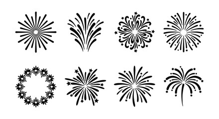 Dynamic fireworks vector set, festive celebration bursts, black silhouette explosion icons © Tanzila
