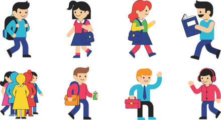 Fototapeta premium Colorful School Kids Character Icon Set with Students Walking, Reading, and Carrying Bags for Education and Back to School Designs