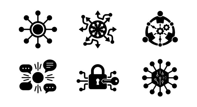 Network Connection Icons, Data Flow Symbols, Security Lock, Communication Bubbles, Business Strategy