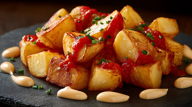 Patatas bravas crispy fried potato cubes topped with spicy red brava sauce and chives with creamy aioli dots on a black slate plate, traditional Spanish tapas close up