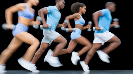 Fototapeta premium Group runners sprinting with dumbbells on black studio background