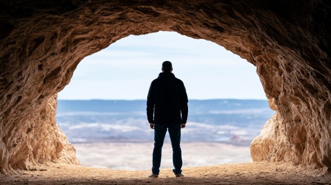 Man in silhouette standing at a cave exit, gazing at a sunlit outdoor view. Symbolizing new beginnings and exploration
