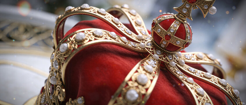 Beautiful close up of an elegant red and gold royal crown decoration, perfect for luxurious holiday concepts