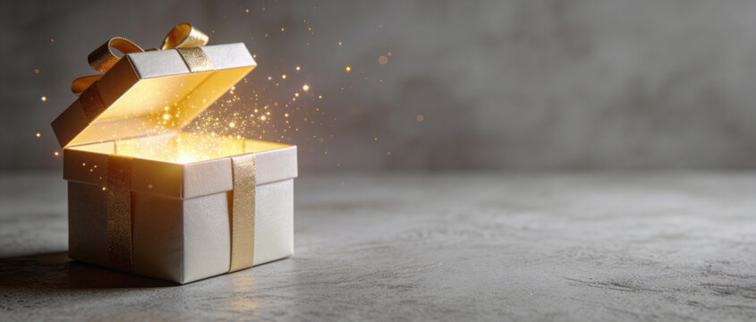 Magical glowing gift box opening to reveal bright warm light, perfect for festive holiday surprise concepts