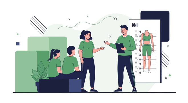 Fitness Coach Explains BMI and Health Metrics to Group in Modern Office