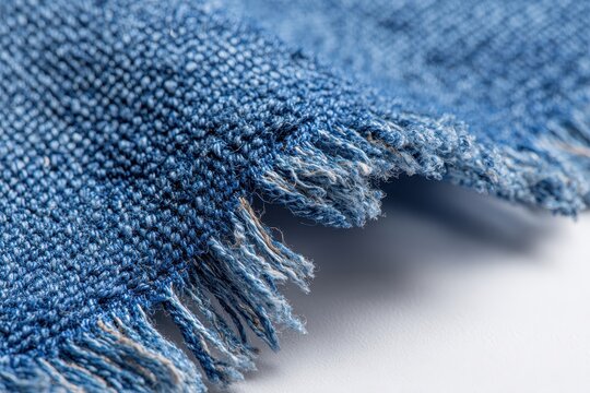 Close-up of torn blue denim fragments on a clean white background