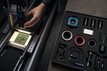 Fototapeta premium Microscope inspecting circuit board with illuminated electronics workspace and accessory kit on dark tabletop