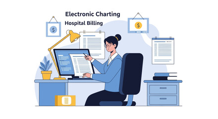 Fototapeta premium Electronic Charting Hospital Billing: Woman Working on Medical Records and Finances