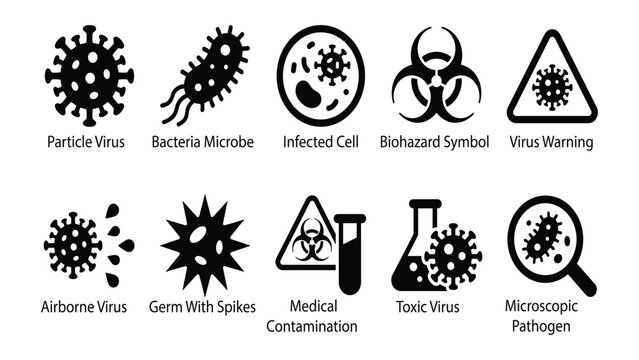 Microscopic pathogen and germ icon collection. 10 black solid icons including toxic virus, medical contamination, warning sign, and microscopic view.