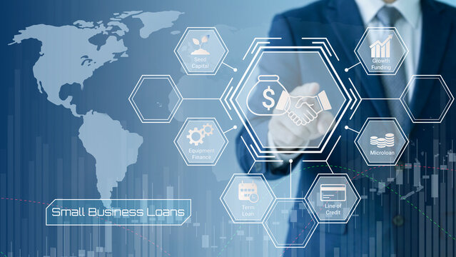 Professional illustrating small business loan options with global financial network and handshake concept