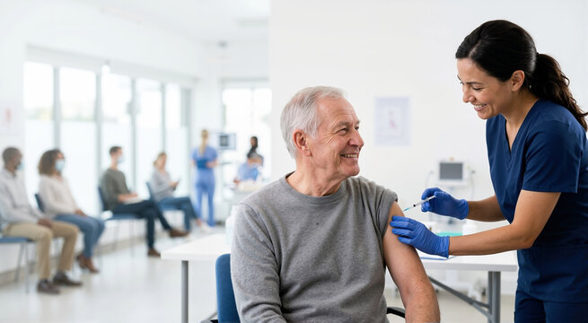 Smiling elderly man receiving a vaccination from a nurse. Senior patient getting an injection in a medical clinic. Healthcare and immunization concept