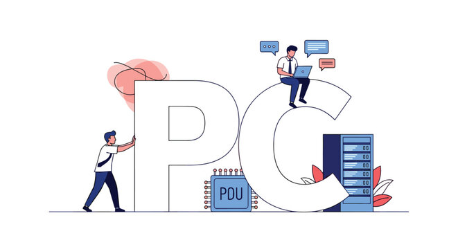 Business characters working around large white letters spelling pc with a server and pdu microchip electronic component.