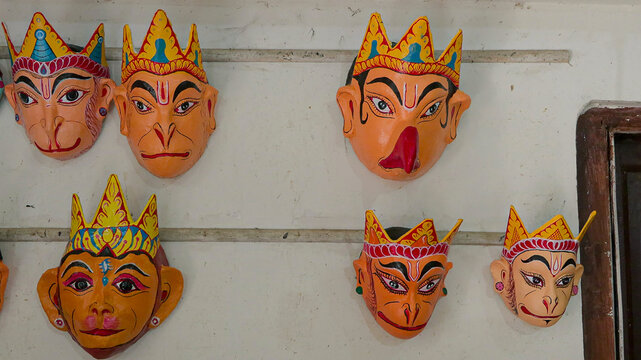 Assam Majuli island Traditional Colourful Folk Masks Displayed On Wall