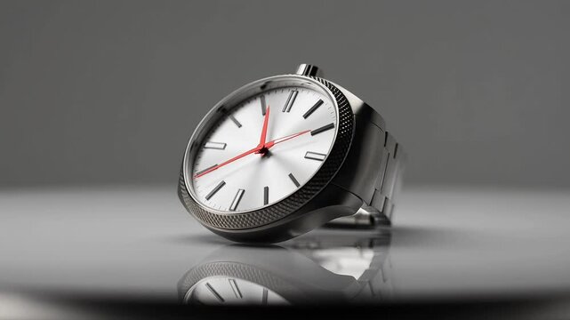Close up of a luxury silver metallic wristwatch resting on a clean reflective surface