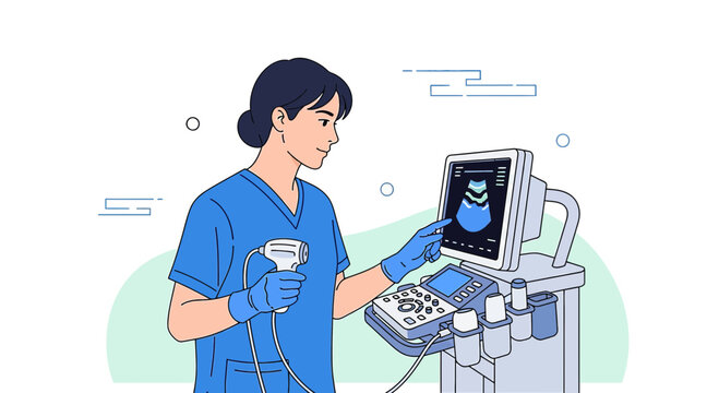 Doctor using ultrasound machine for medical imaging and diagnosis in clinic