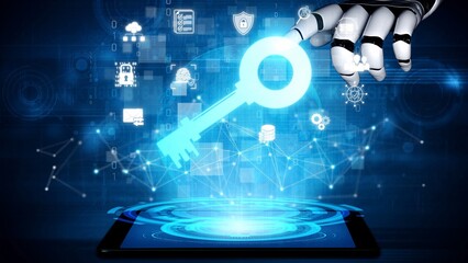 Obraz premium Futuristic Robotic Hand Reaching for Digital Key to Unlock Cybersecurity and Data Protection in Technology and Internet Connections Sigmoid