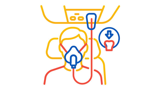 Cabin decompression readiness icon with breathable oxygen mask and ergonomic neck bolster. Passenger security equipment for aeronautical safety featuring adjustable vector line art weights.
