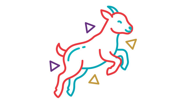 Vibrant jumping baby goat kid vector illustration; clean multi-color line art with editable stroke, adjustable stroke, customizable stroke weight, line weight, editable thin line, and stroke.