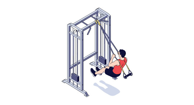 Isometric view of a man working out on a professional gym cable machine to build back and arm muscles for fitness.