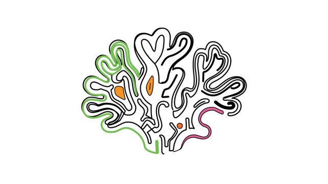 Vector graphic of ramified polyp ledge with modifiable border and variable path weight. Tidy rainbow-hued sketch symbol of maritime existence, submerged subaquatic flora for biology concepts.