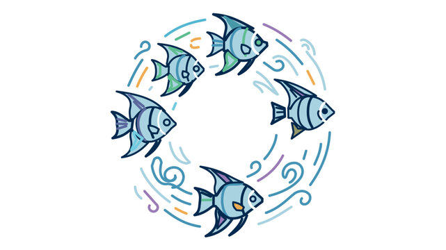Rainbow-hued sketch vector of a cluster of pomacanthidae paddling in a vortex, maritime creature emblem with modifiable border, variable path weight, bespoke slender path width graphic.
