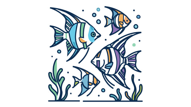 Radiant tropical pomacanthidae swimming through effervescence and flora, rendered in a tidy delineated sketch style with modifiable border for variable path width and path size.