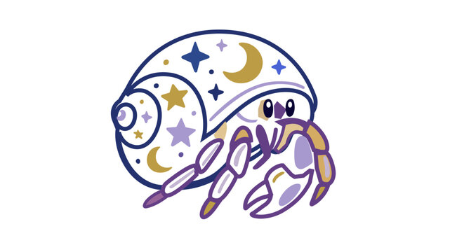 Charming decapod with an astrological carapace adorned with constellations and lunar phases, crisp outlined sketch with modifiable border, variable path weight, bespoke maritime creature.