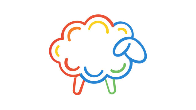 Multi-colored line art vector illustration of a fluffy sheep grazing, featuring clean outlined strokes in red, blue, yellow, and green, perfect for farm animal and rural life themed designs.