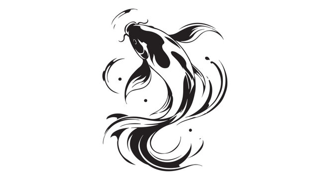Elegant koi fish silhouette formed with flowing ink ribbon curves, black and white premium vector composition, Japanese minimal luxury style, isolated white background, smooth motion illusion, scalabl