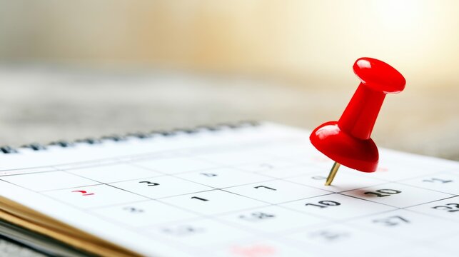 Red push pin marking an important date on a calendar page, highlighting a deadline or special event upcoming