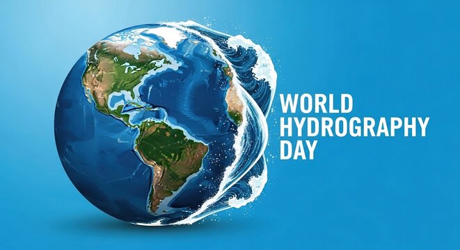Earth globe centered on the Americas with water splash effect for World Hydrography Day