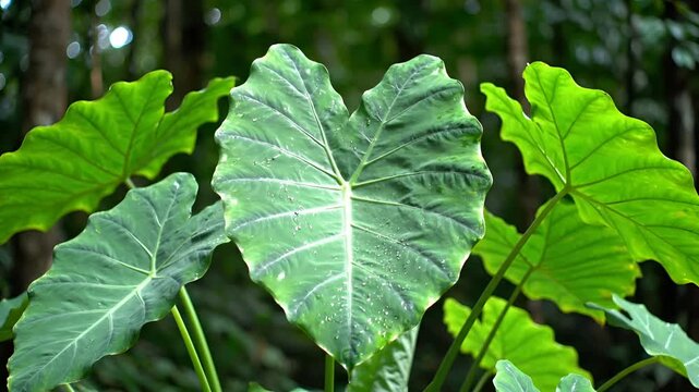 Lush Green Elephant Ear Plants in Tropical Forest Setting.