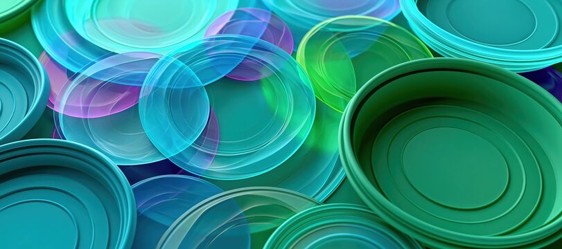 Translucent plastic shapes morphing into matte reusable containers on blue green gradient