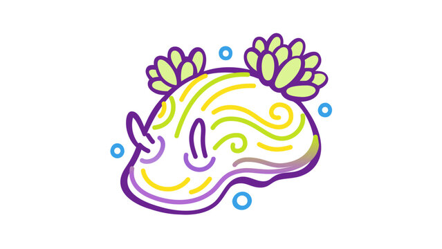 Vibrant nudibranch sea slug vector illustration with editable stroke. Colorful marine life icon featuring stylized coral reef patterns, adjustable line weight, and customizable stroke weight.