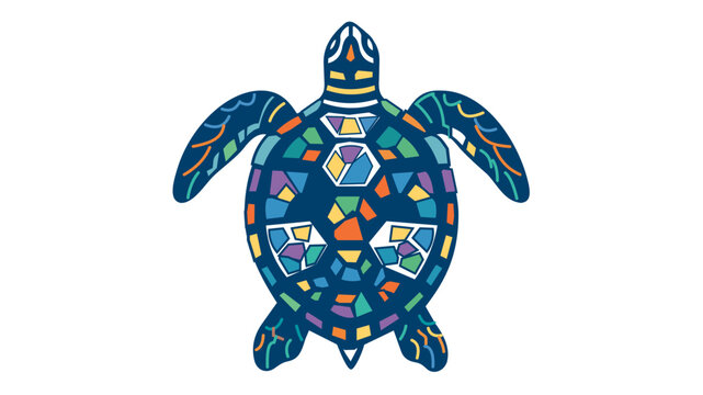 Colorful sea turtle vector illustration with mosaic shell patterns, marine life icon for ocean conservation, featuring an editable stroke, adjustable stroke weight, and customizable line weight.
