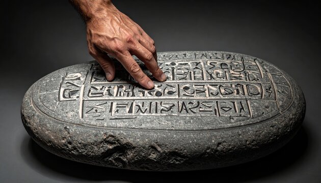 A human hand delicately traces intricate ancient Demotic script carved into a stone artifact, revealing historical knowledge and cultural heritage.