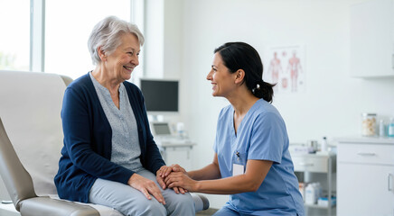 Obraz premium Smiling elderly woman and female nurse holding hands in a clinic. Compassionate healthcare professional comforting a senior patient
