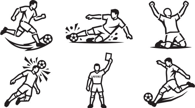 Soccer player action figures and referee vector icon set