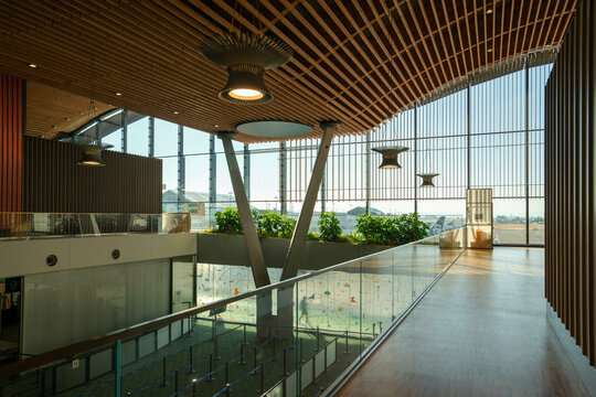 Portland, OR, USA - Aug 31, 2025: Interior view of the Portland International Airport (PDX) terminal building.