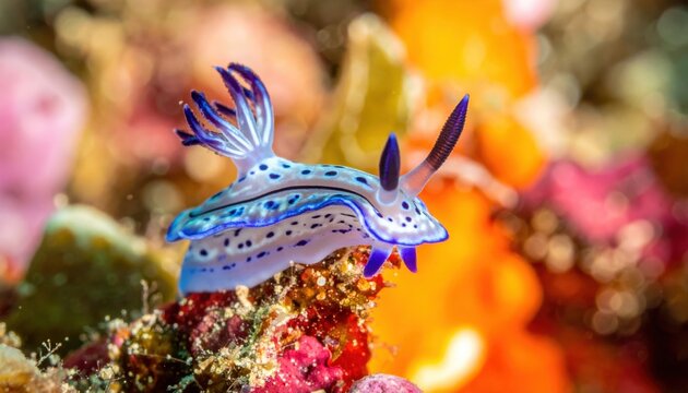 Delicate blue and white nudibranch with purple accents crawls on vibrant coral reef macro underwater