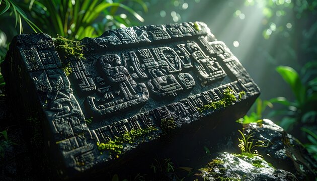 Intricate Mayan Glyphs Chiseled into Dark Volcanic Stone of an Ancient Temple Wall Covered in Moss