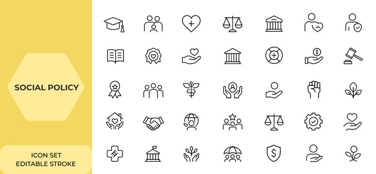 Line Style Social Policy Icon Set &ndash; Editable Stroke Collection of Linear Social Services Icons Including Education, Family, Healthcare, Law, Protection, Insurance, Reform, and More