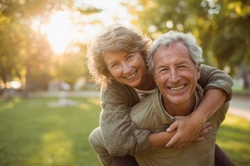 Fototapeta premium Lifelong love in the park: smiling senior couple enjoying outdoor activity and companionship