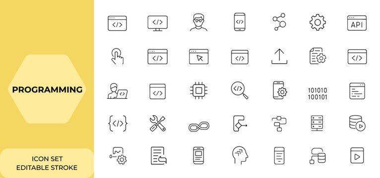 Programming and coding line style icon set for software development, web and mobile apps. Developer, coder, API, information technology, programmer vector illustration, digital tech symbols and more.