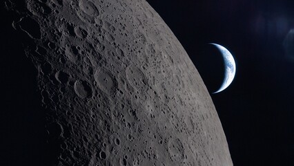 Gray surface of the Earth's moon in space. Satellite point of view. Planet Earth globe in the distance. NASA Public Domain Imagery © Marcin Janiec